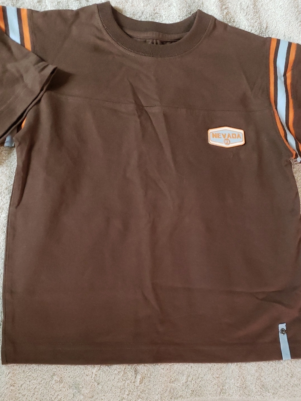 Brown Tee with Orange & Light Blue Stripe Accents